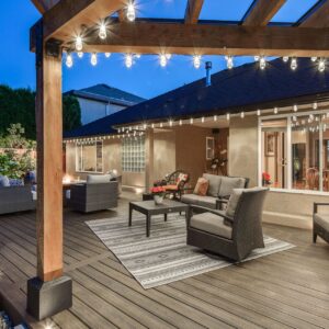 trex transcend, spiced rum, deck, ground level deck, patio deck, outdoor living space, deck lighting, fire table, covered BBQ area, deck cover