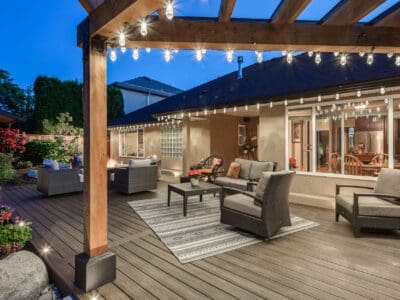 trex transcend, spiced rum, deck, ground level deck, patio deck, outdoor living space, deck lighting, fire table, covered BBQ area, deck cover